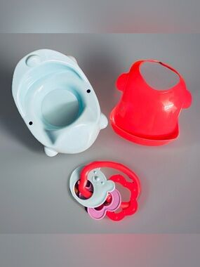 3pc baby doll accessories Bib Potty Chair Rattle Plastic